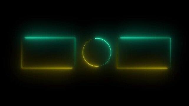 glowing cyan and yellow icon square rectangle picture frame icon animation shape frame rotation footage round,  and  square on black background animation. on Motion graphics of concept 4k video.