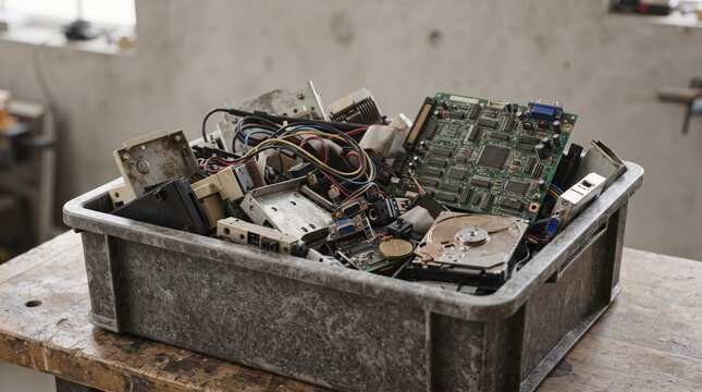 Electronic waste in plastic bin, pile of old computer hardware and circuit boards, e-waste recycling concept for sustainable disposal