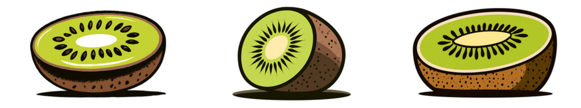 Set of kiwi fruit halves with green flesh and black seeds vector illustration isolated on transparent background