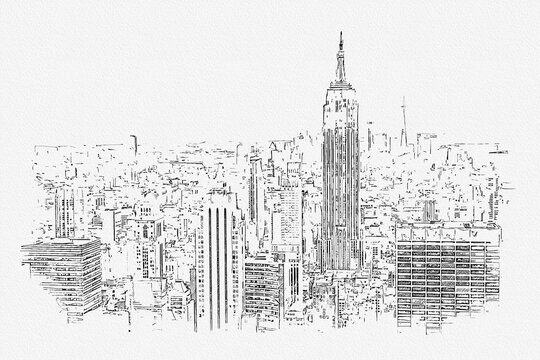 New York City skyline with skyscrapers, pencil drawing
