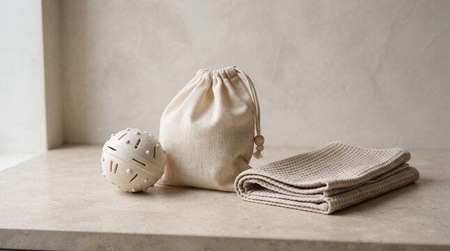 Minimalist eco-friendly baby set, organic cotton drawstring bag and muslin cloth, natural rubber sensory ball on stone surface