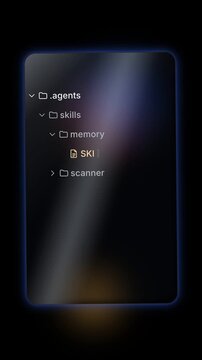 Glass File Tree Animation, Transparent UI Card, Monospace Code Structure, Developer Tool Interface, Dark Background Coral Blue Amber, Vertical Video, Typing Effect, Folder Hierarchy Expansion