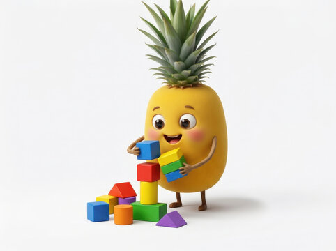 Adorable pineapple character stacking colorful wooden toy blocks while playing construction game on plain white studio backdrop.