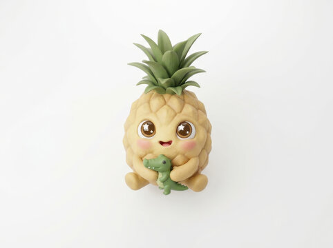 Adorable pineapple fruit character with green leafy top sits hugging tiny green crocodile toy against plain white backdrop design.