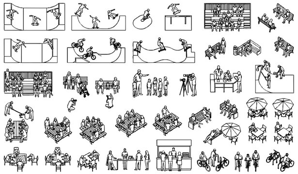 Skate park entourage with skateboarders, BMX riders, spectators, and picnic tables for CAD plans