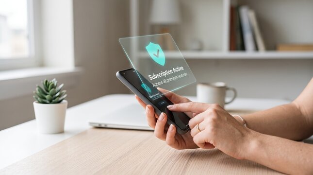 Person holding smartphone with active subscription hologram projection, shield security icon, features access notification, mobile app membership, digital service activation