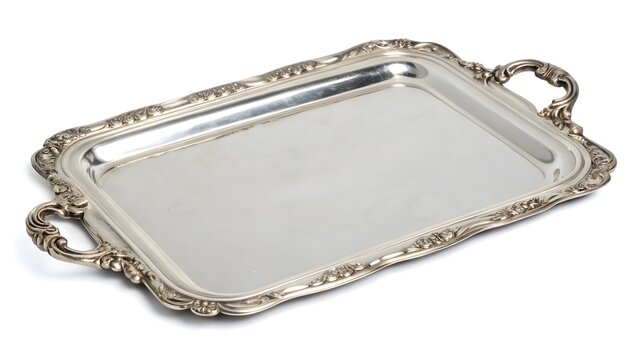 Elegant rectangular silver serving tray featuring ornate, scrolled edges and decorative handles, positioned on a clean white background, awaiting its use.