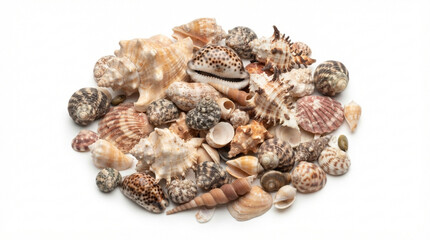 Obraz premium Collection of diverse natural ocean seashells and sea snail shells in various shapes and patterns isolated on a white background top view.