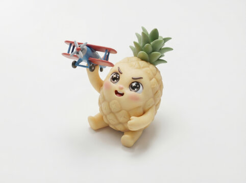 Angry pineapple toy character holding blue toy airplane for dynamic toy photography or funny character design branding projects.