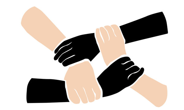Four diverse hands holding wrists forming unity team square vector illustration isolated on white background