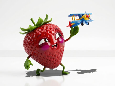 Animated red strawberry character holding colorful toy airplane aloft demonstrates childhood imagination and creative play concepts.