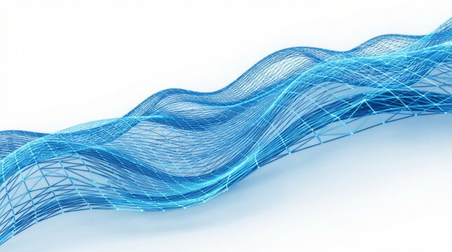 Futuristic blue digital wireframe grid wave representing big data visualization, artificial intelligence, and network connection on a white background.