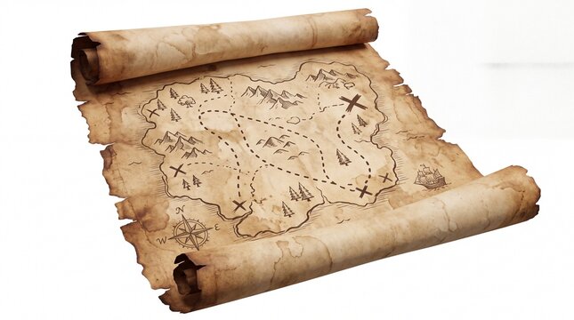 Old treasure map on a vintage rolled paper scroll