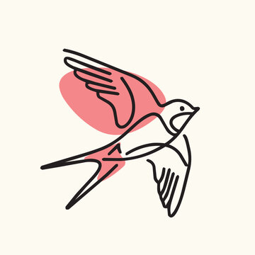 Minimalist flying bird line art vector illustration. Flat cartoon swallow icon with abstract red shape background design element