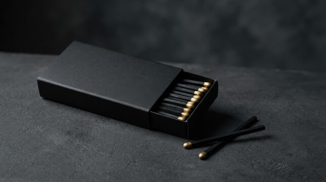Premium black matchbox partially open on a dark textured concrete surface, revealing elegant black wooden matchsticks with metallic gold tips, with two crossed matches lying nearby.