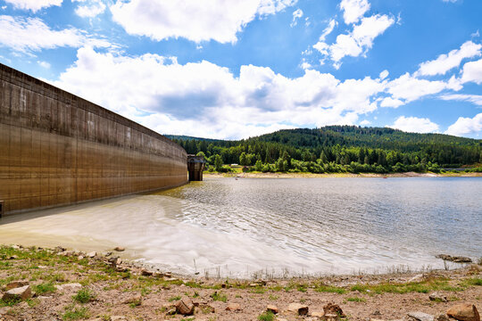 Dam at lake in the Black Forest in Forbach in Germany called Schwarzenbach Reservoir under a clear sky