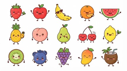 Fototapeta premium Cute happy fruit character set for kids design