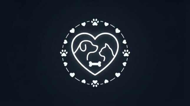 Dog and cat icon inside a heart shape with paw prints