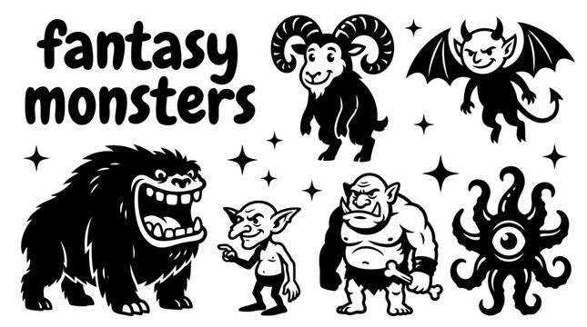 fantasy monsters featuring horned creatures giant beasts winged demons trolls goblins ogres and imaginative mythical beings vector illustration set for fantasy games adventure stories entertainment