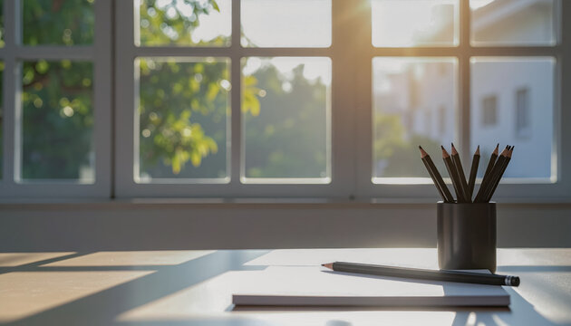 Empty Classroom Desk with Pencils and Blank Exam Paper in Morning Light
