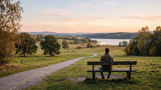 Man sitting on wooden bench overlooking scenic lake landscape at sunset, peaceful nature retreat relaxation moment, solitary figure enjoying autumn evening view, winding path