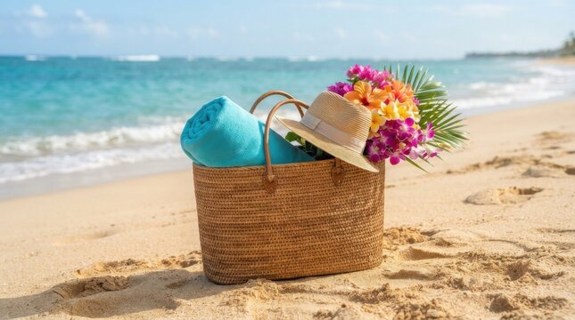 Straw beach bag with colorful flowers and blue hat on sandy shore
