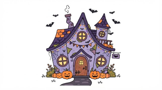 Spooky haunted house with bats and pumpkins for halloween decoration