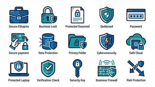 Set of cybersecurity and data protection icons for business technology