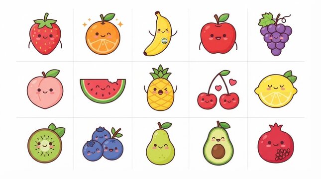 Set of cute happy fruit characters with faces isolated on white background