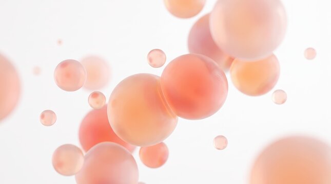 Abstract 3D illustration of floating pink and peach spherical cells or molecules against a clean white representing microscopic biology, medical science research