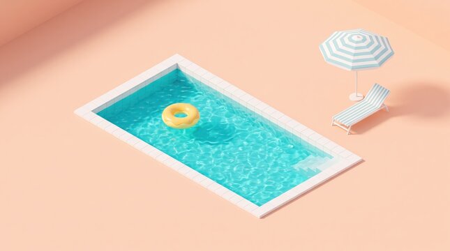 Minimalist of swimming pool with yellow ring float, striped umbrella and sunbed on pastel peach, summer vacation, luxury resort lifestyle, creative geometric composition
