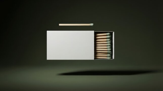 Blank white matchbox mockup floating with wooden matches with green heads on a dark green background, minimalist studio product photography for branding presentation