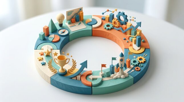 A circular infographic representation of a modern business concept featuring growth charts and strategic planning icons