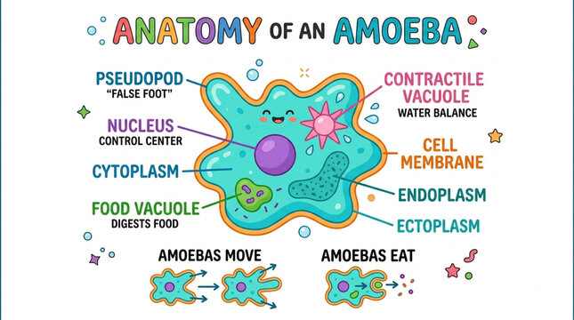 Colorful Educational Infographic of Amoeba Anatomy with Labeled Cell Structures for Biology and Science Learning