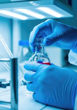 A scientific investigation involves protective gear and sterile glassware while examining medical samples under bright laboratory lighting, studio, medical, science