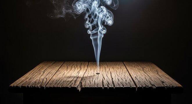 A rustic wooden table surface sits in a dark, atmospheric room as wisps of ethereal white smoke curl and rise gracefully into the shadows, wood, cloud, minimal