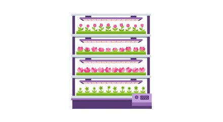 Fototapeta premium Vertical Farming System Illustration: Modern Indoor Agriculture with LED Grow Lights and Hydroponic Racks for Urban Sustainability