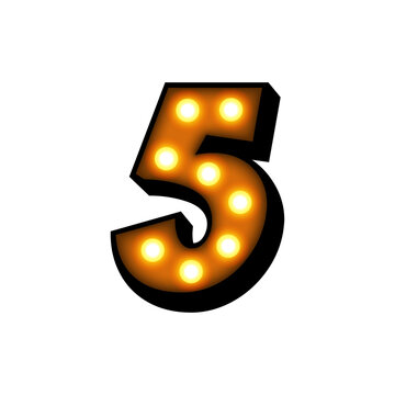 3D marquee light bulb number 5 isolated on white background vintage vector illustration