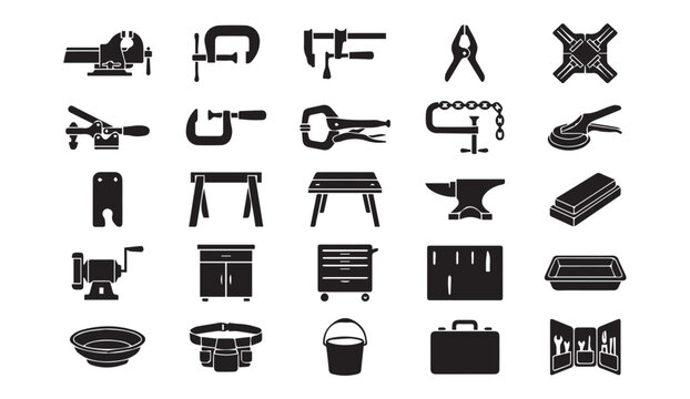 Set of carpentry and woodworking tools black icons with woodshop equipment