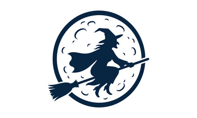 Obraz premium Silhouette of a witch flying on a broomstick in front of a full moon, vector illustration