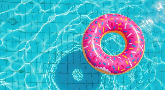 A top view of a vibrant inflatable ring floater drifting on the crystal clear blue water of a peaceful swimming pool under the bright sun, refreshing, ring, clear