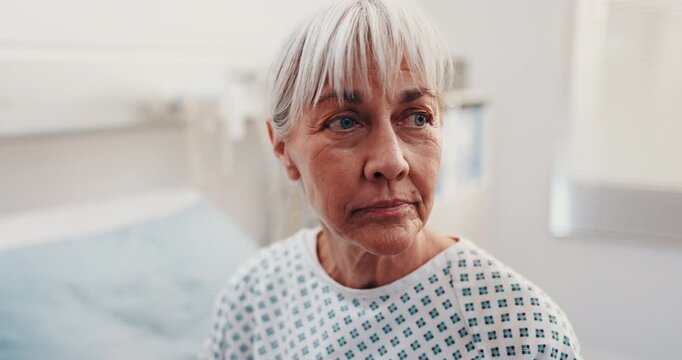Patient, thinking and senior woman on hospital bed for healthcare, recovery hope and wellness. ICU ward, sick and elderly person with rehabilitation reflection, deep thoughts or wait for results