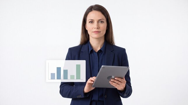 Businesswoman holding tablet with business analytics chart for data driven decision making