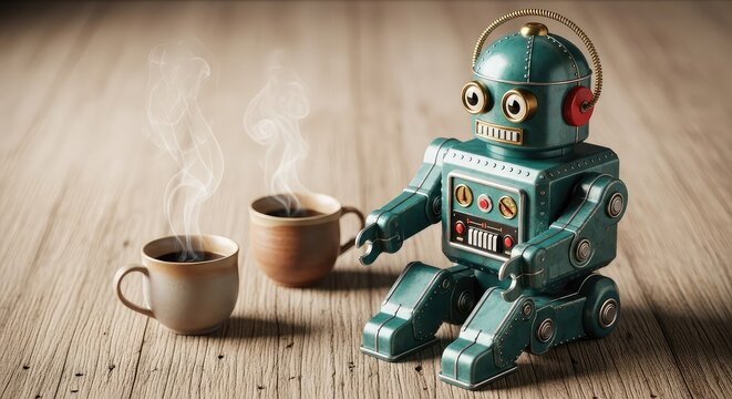 A vintage teal robot sits beside steaming ceramic mugs on a rustic wooden table, blending retro technology with a cozy cafe atmosphere, glossy, cozy, morning