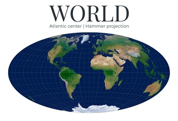 World Map. Hammer projection. High detail physical map of the Earth. Atlantic center at zero latitude and twenty degrees west longitude. © Eugene Ga