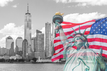 Statue of Liberty with a large american flag and New York skyline in the background © Maria