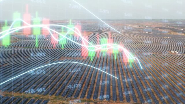 Aerial view of a vast solar farm with photovoltaic panels and glowing financial market graphics, illustrating renewable electricity, clean technology, investment, and sustainability.