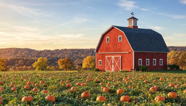 Red barn in a pumpkin patch during golden hour with rolling hills in the background representing autumn harvest