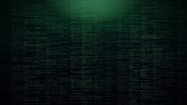 Dense green programming source code filling the frame on a dark background, for hacking, cybersecurity, and software development themes
