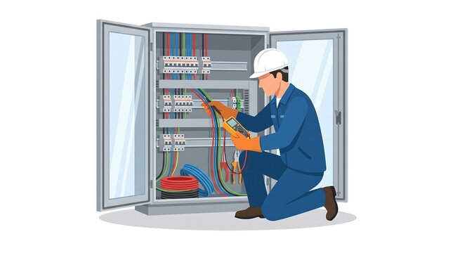 Electrical Technician Inspecting Circuit Breaker Panel in Industrial Setting for Maintenance and Safety Compliance